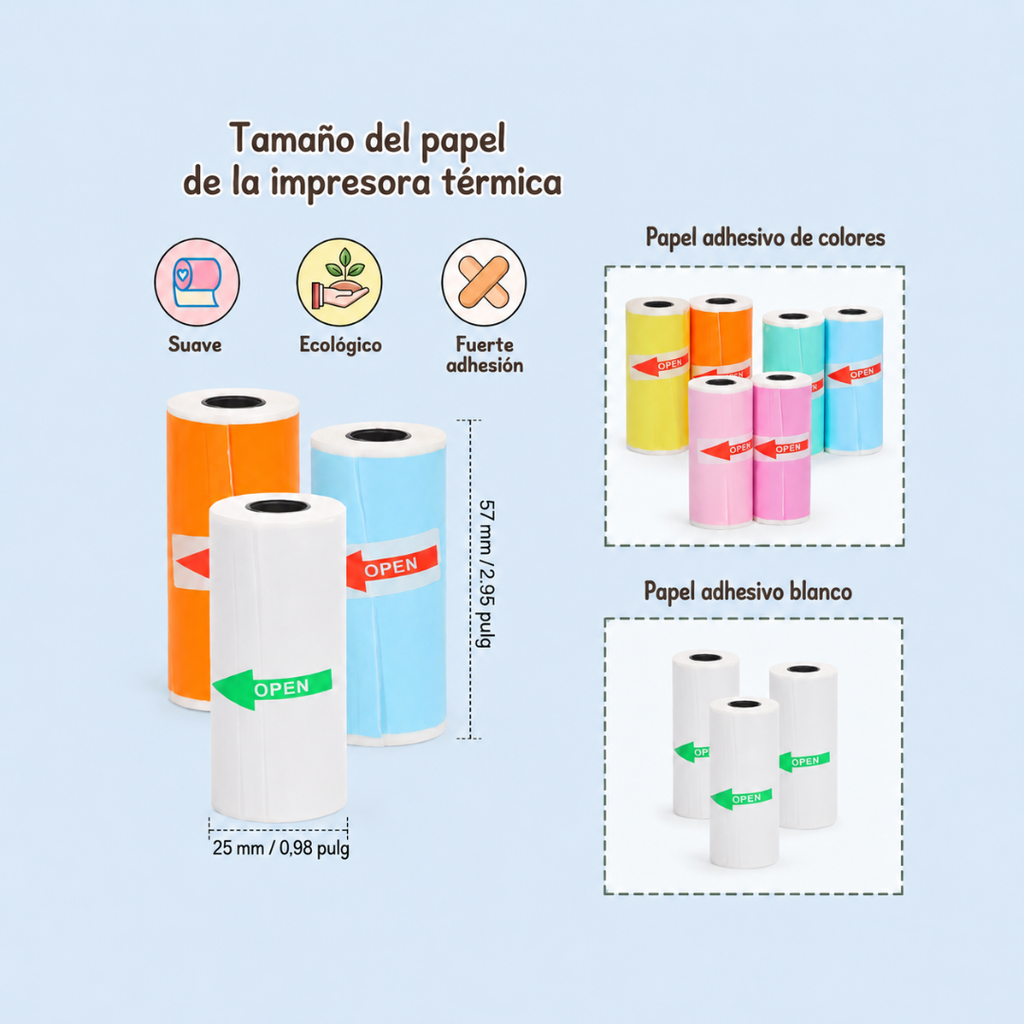 Papel Térmico Adhesivo de Colores para Mini Impresora
